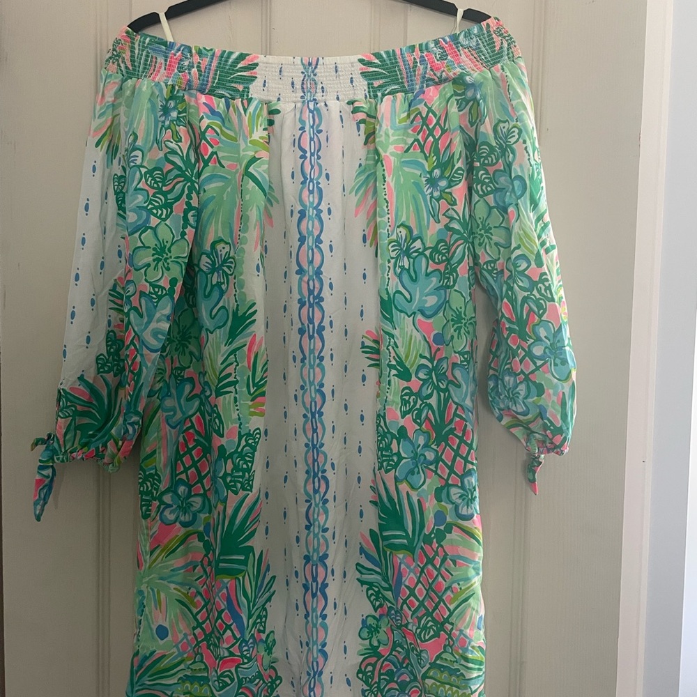 Lilly Pulitzer Off-Shoulder Tropical Dress - Green and Pink